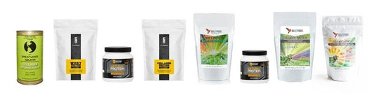 Verschiedene Whey-, Kollagen- und Gelatine-Proteinpulver im Vergleich